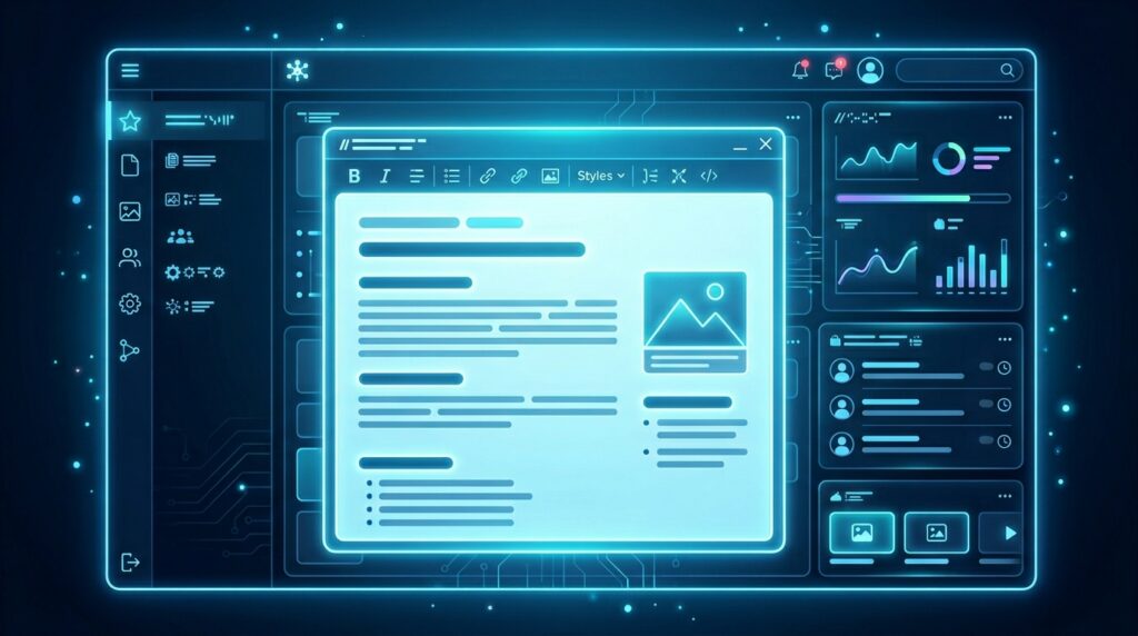 A glowing CMS dashboard interface with an embedded HTML editor panel open at its center, showing a formatting toolbar and structured content alongside surrounding dashboard panels for analytics, media, and user activity, representing how embedded editors integrate into web applications.