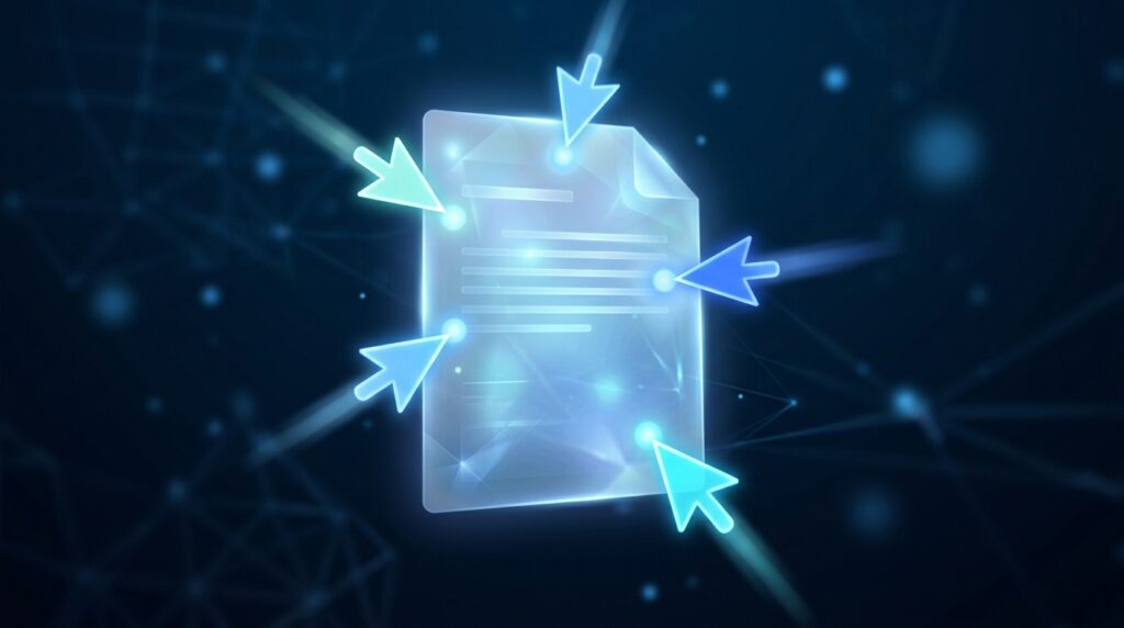 Multiple glowing cursor arrows converging from different directions onto a single shared glowing document, representing multiple contributors accessing and editing the same content simultaneously in a collaborative HTML editing environment.