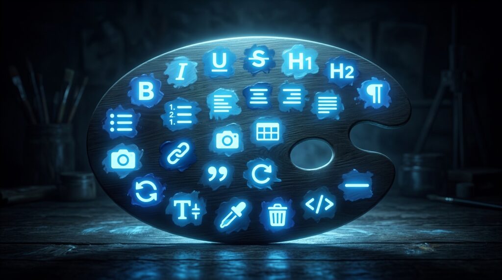 A glowing artist's palette displaying formatting icons including bold, italic, headings, alignment, lists, links, and media controls, representing the rich set of visual editing tools available in an editor.