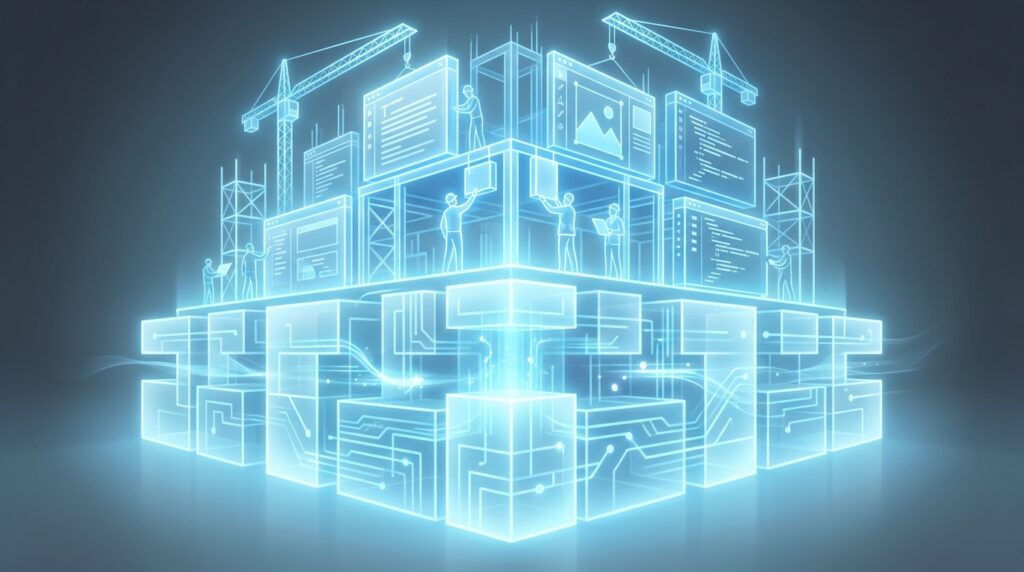 A glowing multi-layered digital structure under construction, with editor interface panels representing visual editing, code editing, and media management visible across its levels, illustrating the shared core features that form the foundation of all HTML editor software types.