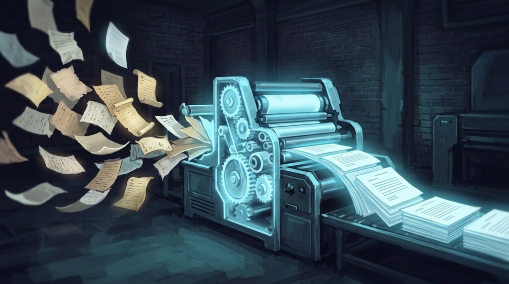 A glowing industrial printing press receiving varied handwritten documents on the left and producing uniformly formatted clean pages on the right, representing how a shared WYSIWYG editor enforces consistent content formatting regardless of who authored each piece.