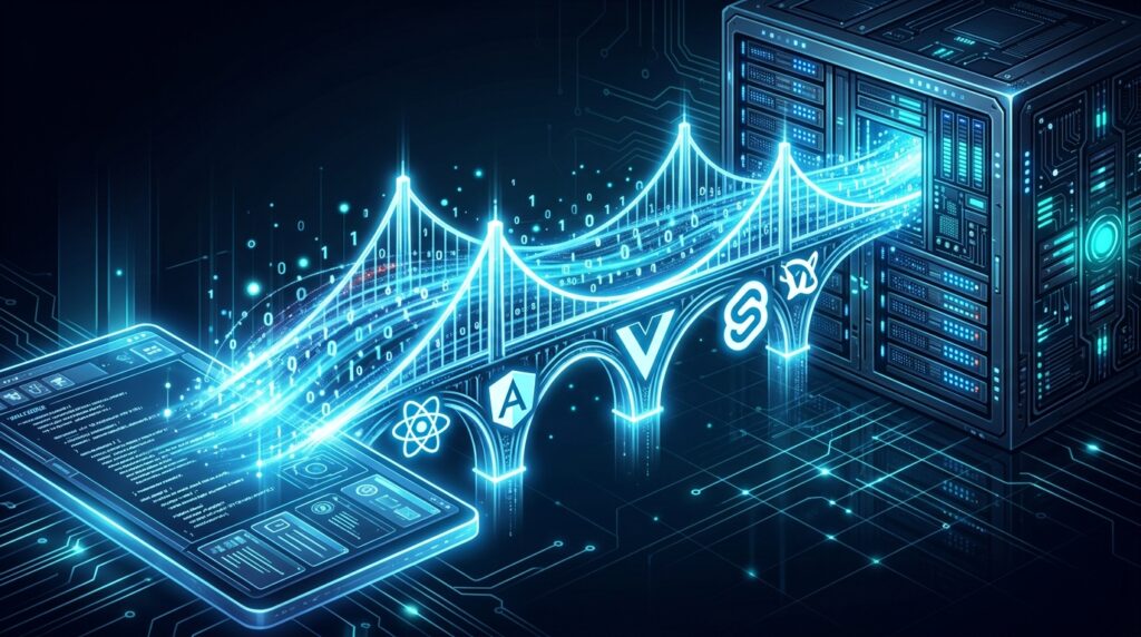 A glowing data bridge carrying binary streams from a visual editor interface on the left to a backend server on the right, with front-end framework icons serving as the structural supports, representing how HTML WYSIWYG editors integrate with frameworks and backend systems.