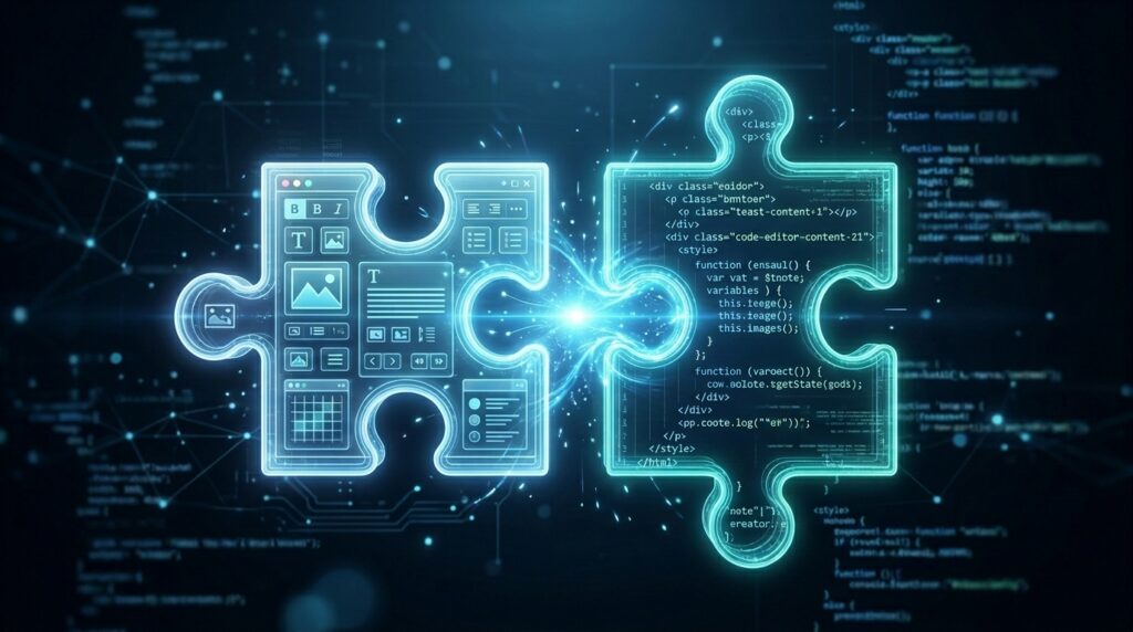 Two puzzle pieces, the left containing a visual WYSIWYG editor interface with formatting controls and the right containing HTML and CSS source code, representing how WYSIWYG editors and code editors complement each other in a hybrid content workflow.