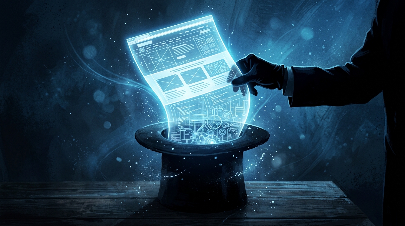 A gloved hand pulling a glowing formatted webpage layout from a magician's top hat, with complex technical machinery visible inside the hat beneath the surface, representing how HTML WYSIWYG editors produce polished visual output from intricate underlying browser technology.