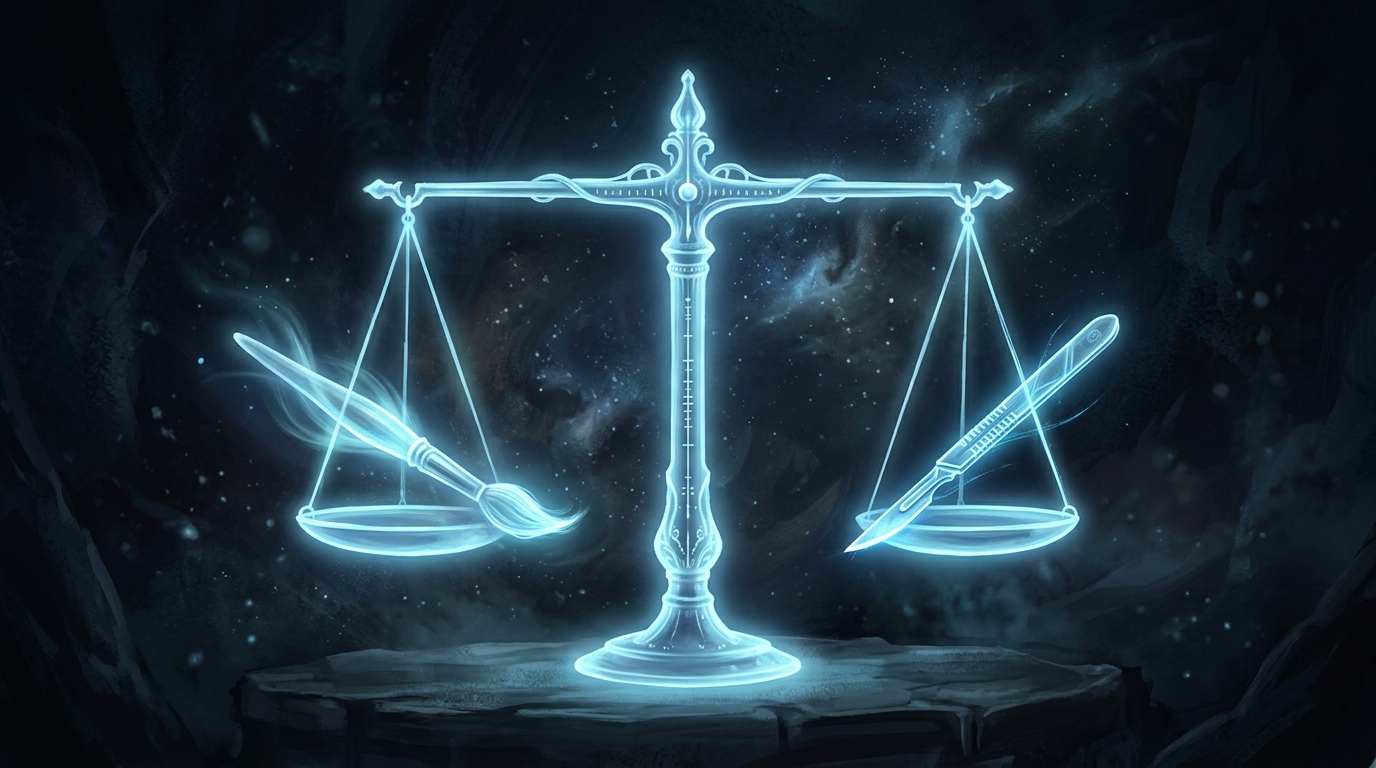 A glowing balance scale with a paintbrush on the left pan and a scalpel on the right, representing the tradeoff between the visual ease of an HTML WYSIWYG editor and the surgical precision of a code editor.