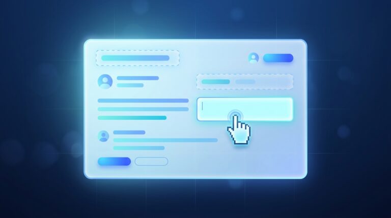 A glowing web application interface with a cursor clicking directly into an editable content field in place, with dashed edit borders visible around active areas, representing how an inline editor lets users edit content directly within the page without opening a separate window.