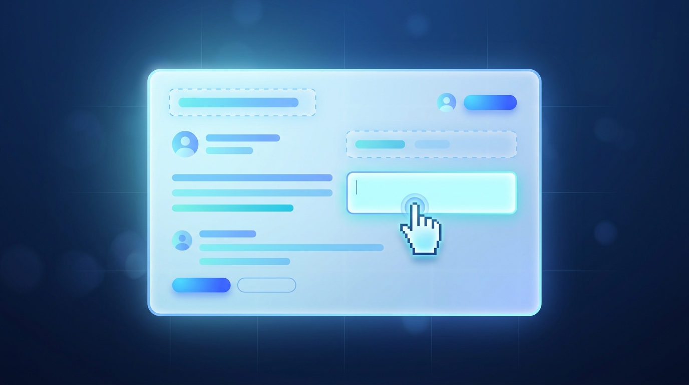 A glowing web application interface with a cursor clicking directly into an editable content field in place, with dashed edit borders visible around active areas, representing how an inline editor lets users edit content directly within the page without opening a separate window.