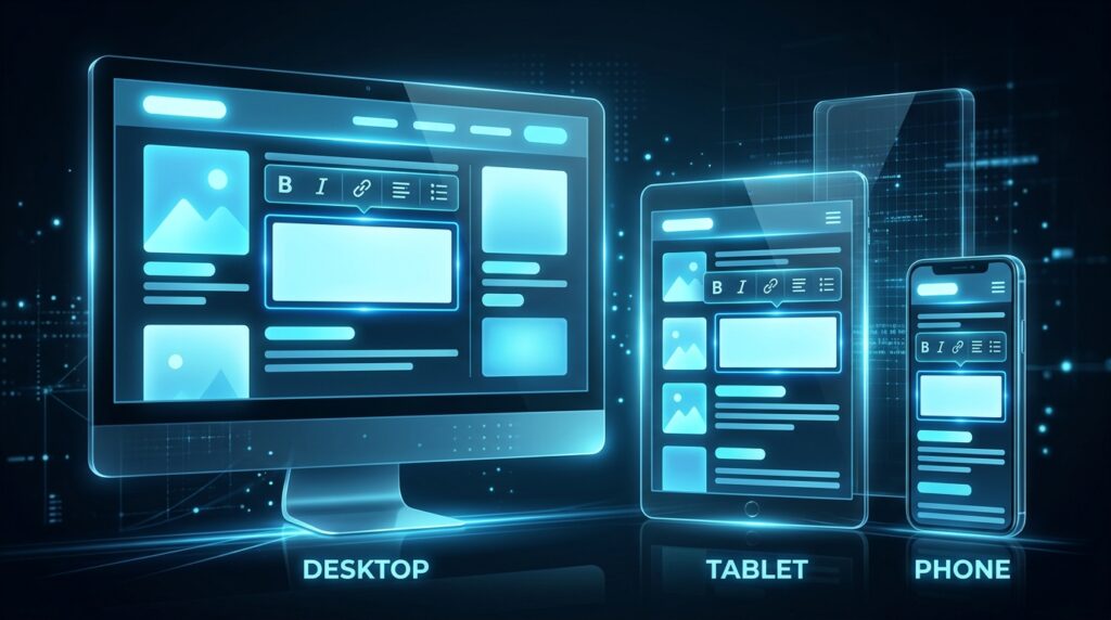A desktop monitor, tablet, and phone displayed side by side, each showing the same inline editor interface with a contextual formatting toolbar adapting to its screen size, representing how an effective inline editor maintains a consistent editing experience across all devices.