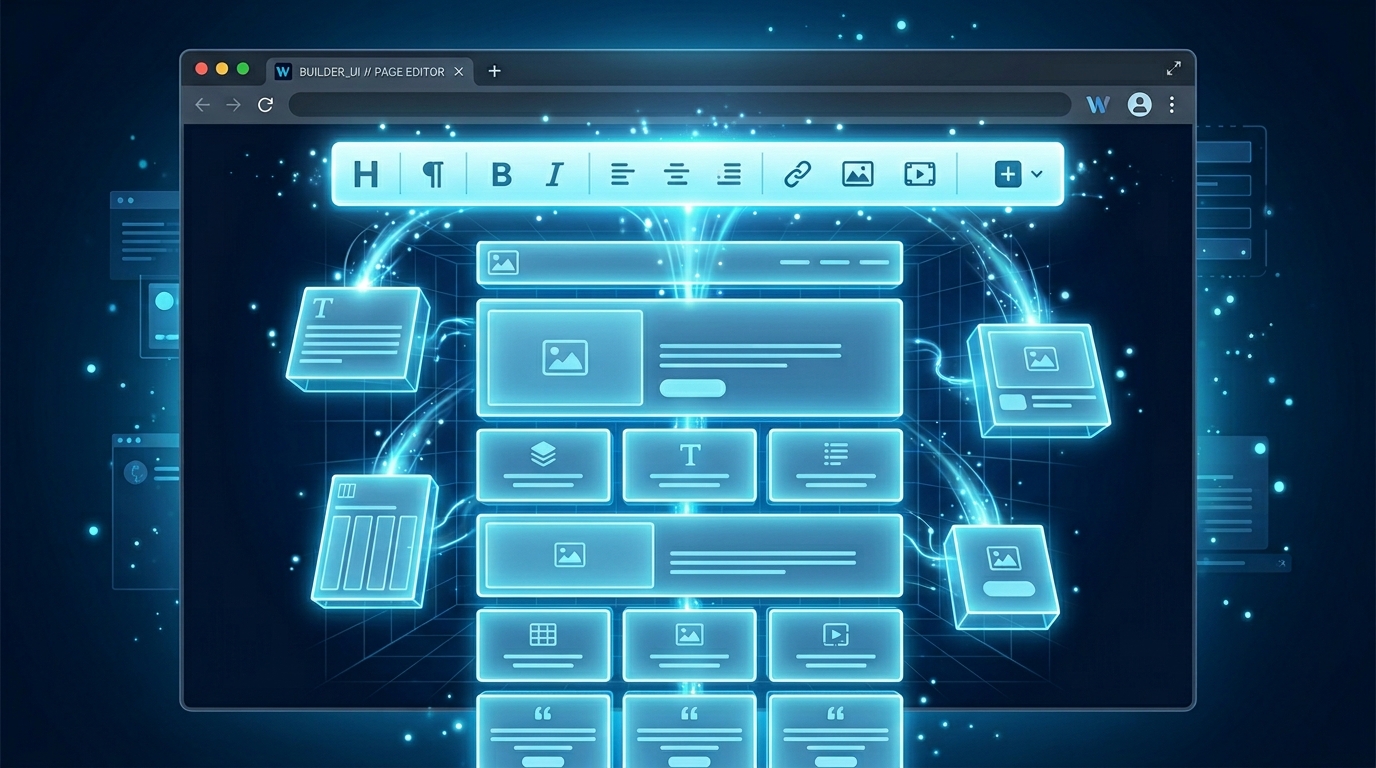 A browser window displaying a JavaScript HTML editor with a formatting toolbar at the top and structured content blocks assembling beneath it, representing how an embedded editor enables rich content creation directly inside a web application.