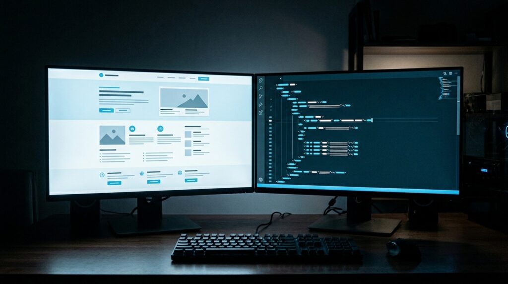 Two monitors side by side on a dark desk, the left displaying a clean visual content layout representing a WYSIWYG editor interface and the right displaying syntax-highlighted HTML markup representing a code editor, illustrating the core difference in how each tool presents the same content.