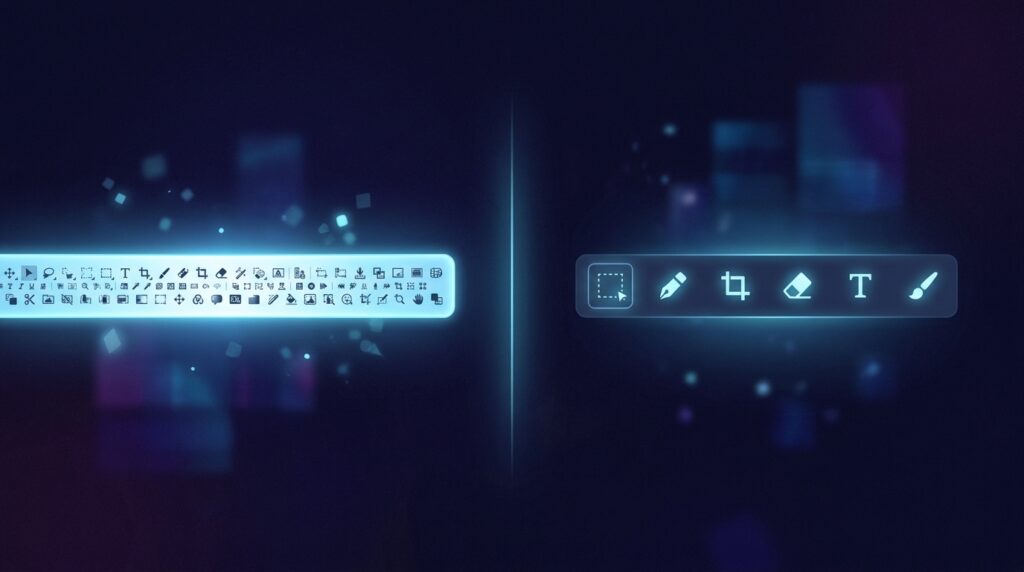 A split comparison showing an overcrowded editor toolbar packed with dozens of icons on the left, contrasted with a clean minimal toolbar containing only six essential tools on the right, illustrating the usability difference between an overloaded and a properly configured WYSIWYG editor.