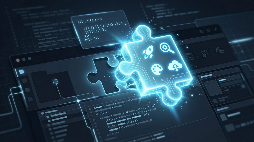 A glowing puzzle piece carrying capability icons snaps into an empty slot within a web application interface, representing how a JavaScript HTML editor integrates as a modular component that completes an application's content creation functionality.