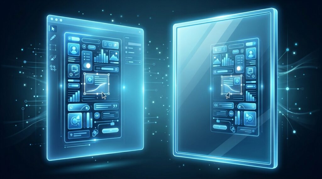 A glowing editor interface on the left with an active content element being edited, reflected instantly and identically in a mirror panel on the right, representing how real-time editing and preview keep the visual output synchronized with every change a user makes.