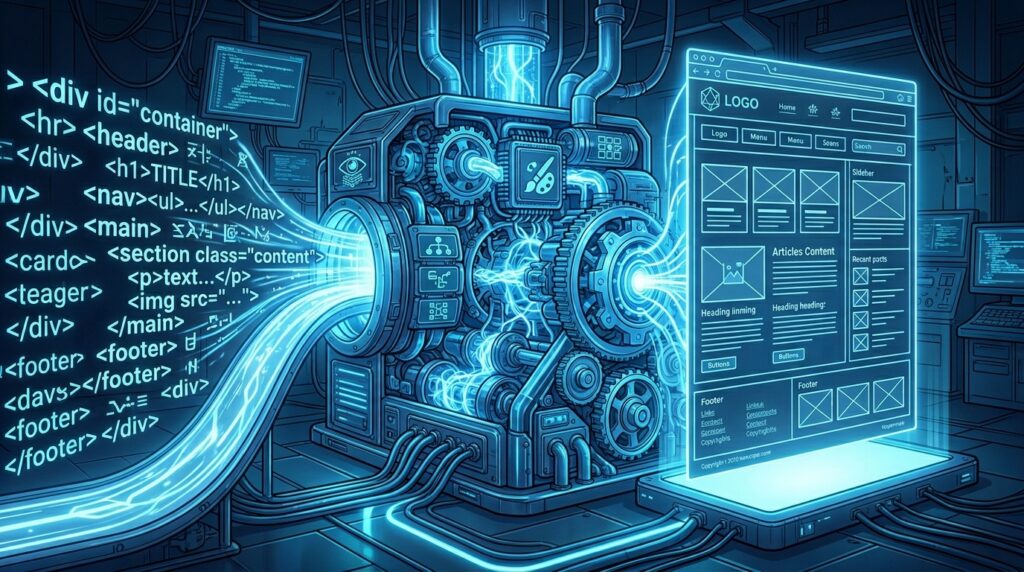 A mechanical rendering engine receiving a stream of raw HTML markup on the left and outputting a fully structured visual webpage layout on the right, illustrating how a browser rendering engine converts HTML code into the visual content users see.