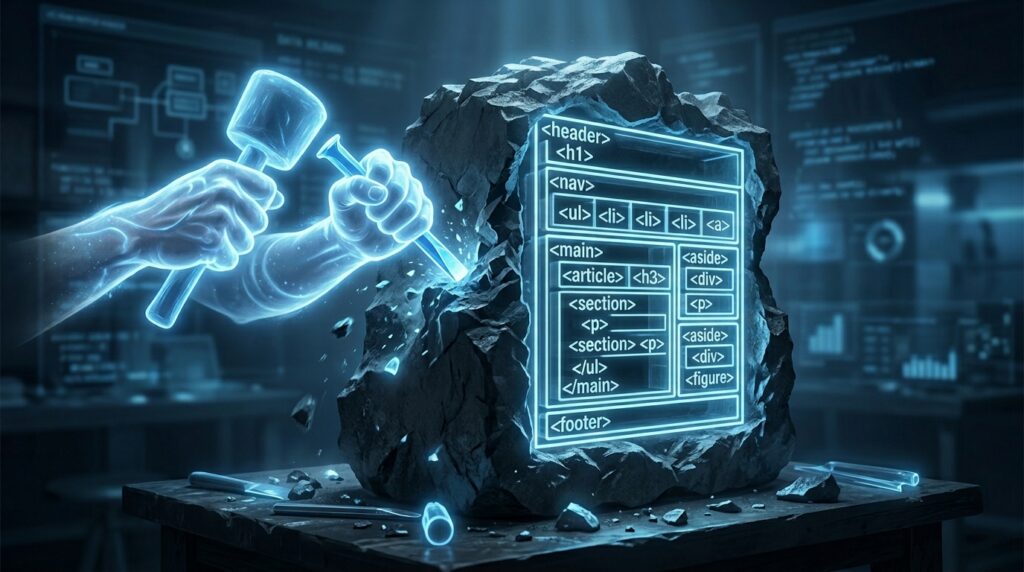 Glowing hands using a hammer and chisel to carve clean semantic HTML elements from a rough stone block, with structured tags including header, nav, article, and footer emerging clearly from the surface, representing the process of generating clean and meaningful HTML output from a WYSIWYG editor.