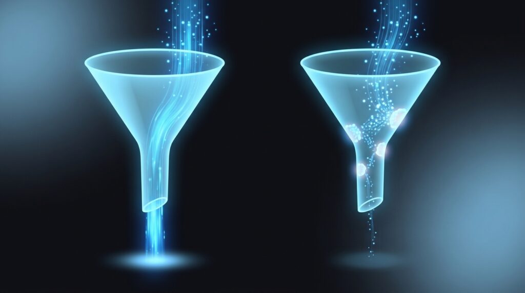 Two glowing conversion funnels side by side, the left showing a smooth unobstructed flow representing a frictionless inline editing experience, and the right showing blockages and scattered particles representing user drop-off caused by disruptive modal editing workflows.