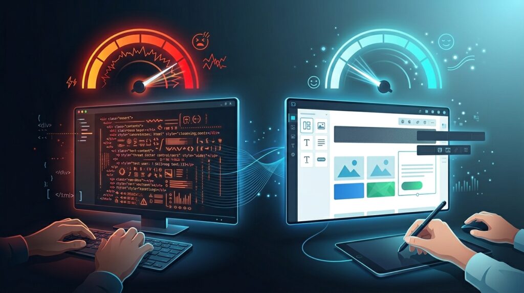 A side-by-side comparison of two monitors, the left showing a frustrating raw HTML coding environment with a red UX meter in the danger zone, and the right showing a clean visual editor interface with a satisfied UX meter reading, illustrating how a JavaScript HTML editor improves the content creation experience.