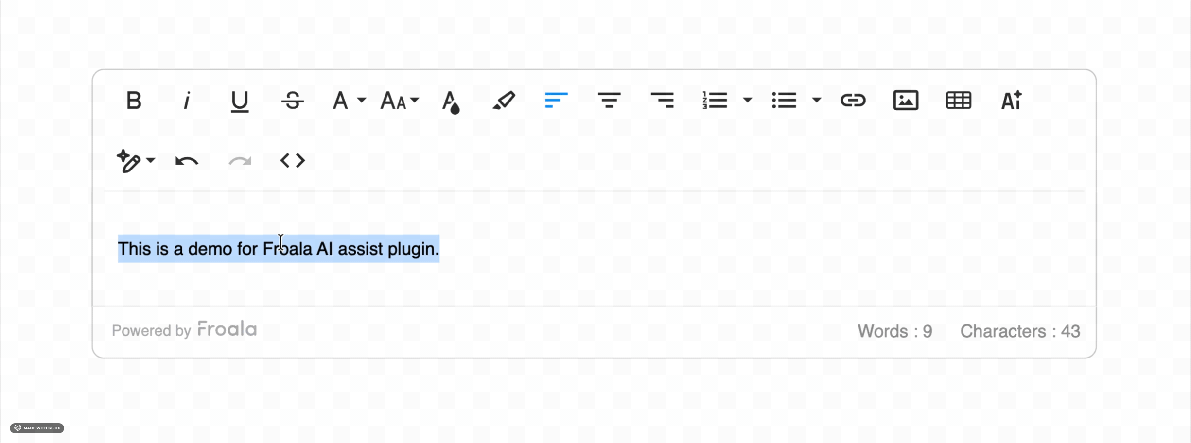 A visual diagram showing AI assist plugin interface in Froala WYSIWYG editor