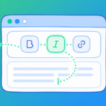 An illustration of a browser window showing an Angular WYSIWYG editor toolbar with Bold, Italic, and Link buttons. The Italic button is highlighted in green, and a dotted path traces the keyboard navigation route from the toolbar through to the editor's text area below.