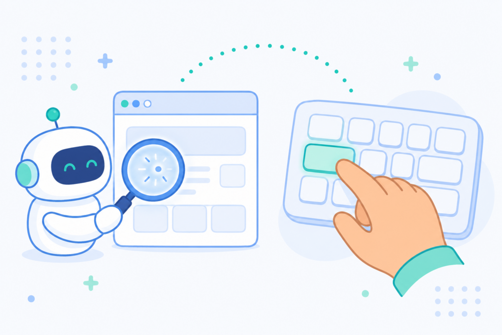 An illustration of a friendly robot scanning a browser window with a magnifying glass on the left, and a human hand pressing a highlighted key on a keyboard on the right, representing automated and manual accessibility testing.
