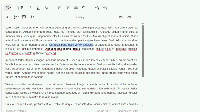 A Froala rich text editor in a browser window showing text being selected and formatted using only keyboard shortcuts, with no mouse interaction.