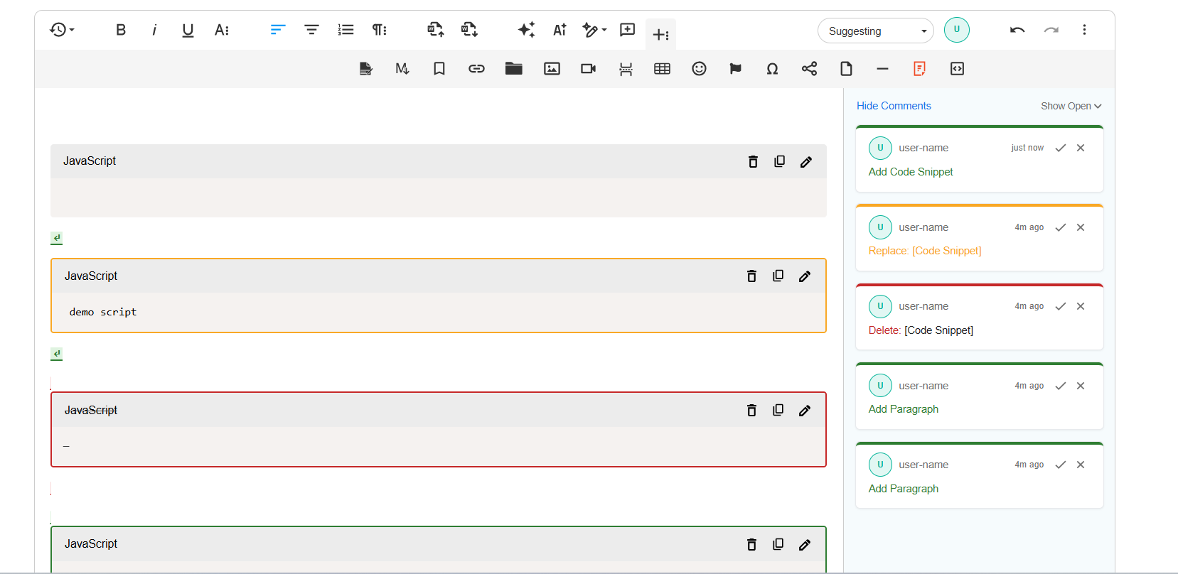 code snippets track changes