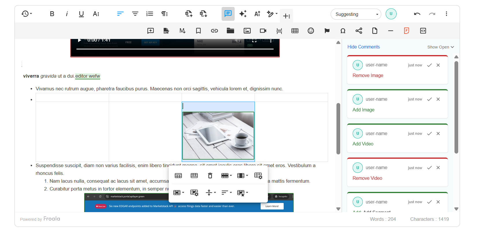 Rich text editor with track changes